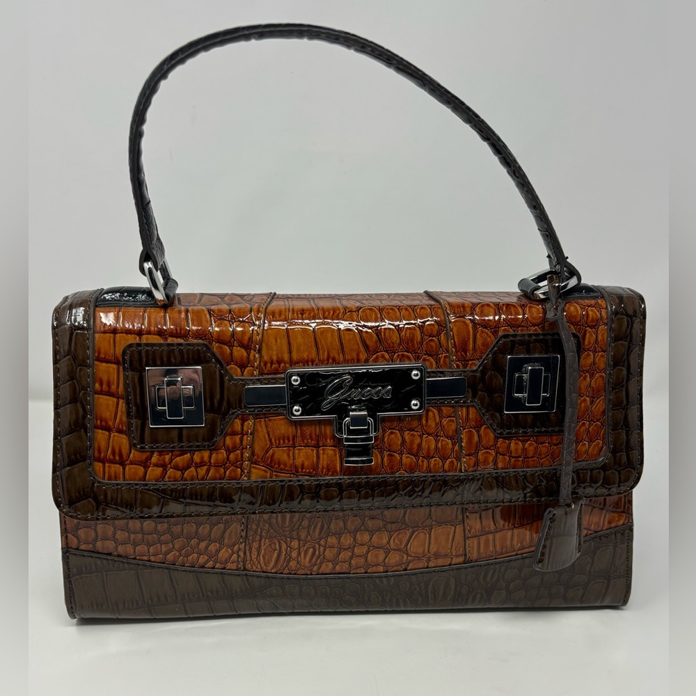 Guess Lina Brown Crocodile Embossed Handbag Purse Satchel Magnet Snap Closure
